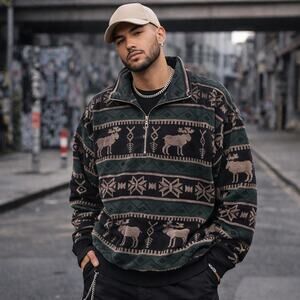 Norm Thompson Velour Pullover Moose Fair Isle 1/2 Zip Sweatshirt Shacket Large